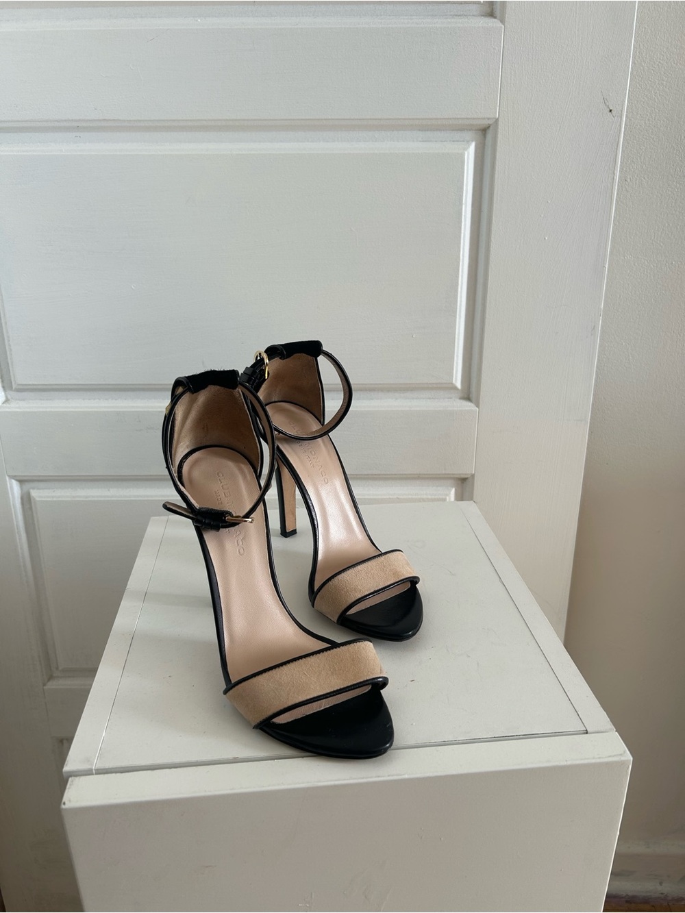 Club Monaco Made in Italy Black & Nude Suede Studded Ankle Strap Heels
